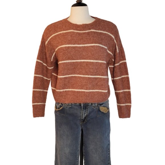 Lulus Crew Neck Loose Fit Acrylic Blend Sweater, Ladies Size Small Rust/Cream - Picture 3 of 11